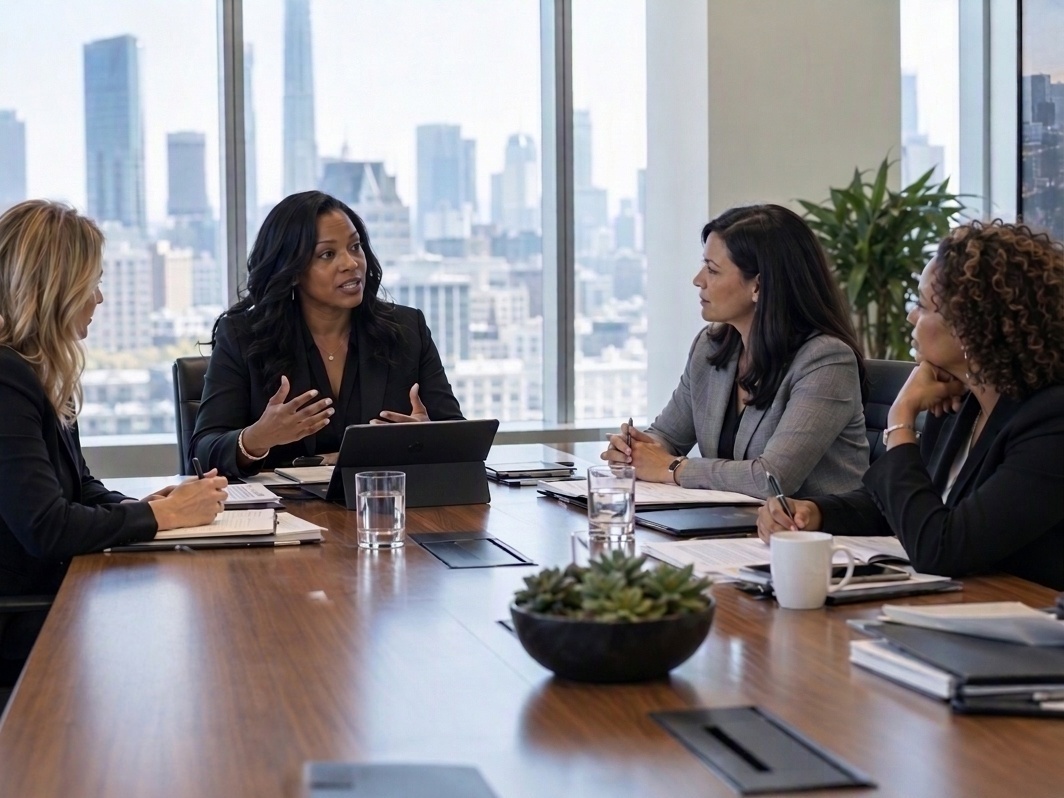 A Black woman executive leading a discussion with diverse colleagues around a boardroom table
